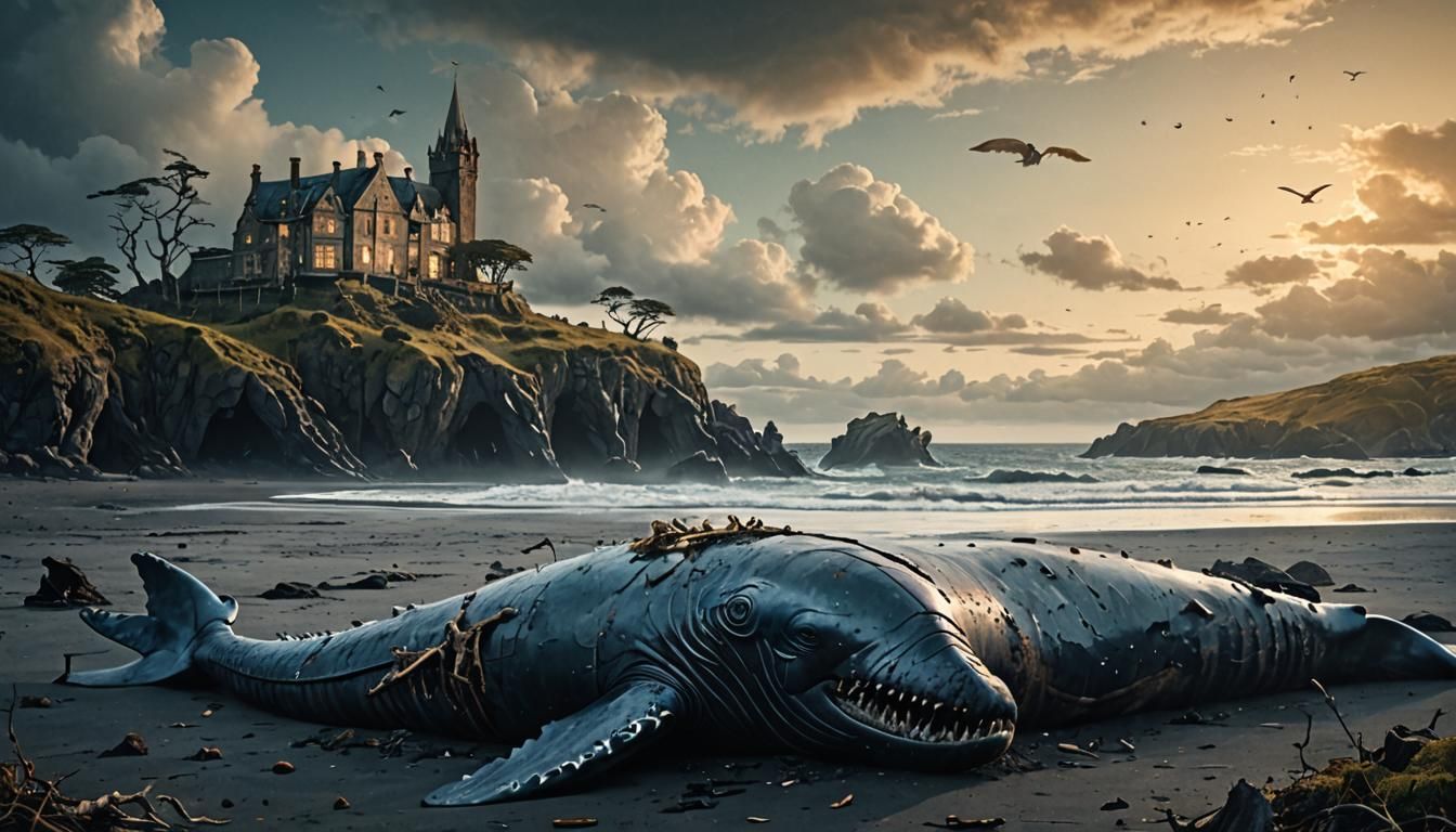 Surreal Gothic Whale on Scottish Isle with Werewolves