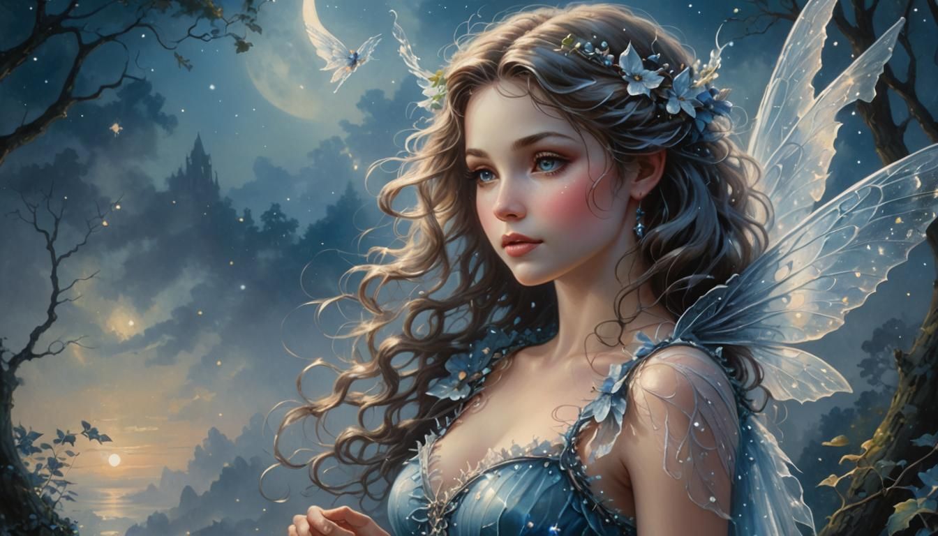 Fairy in Moonlit Landscape: Ethereal Oil Painting