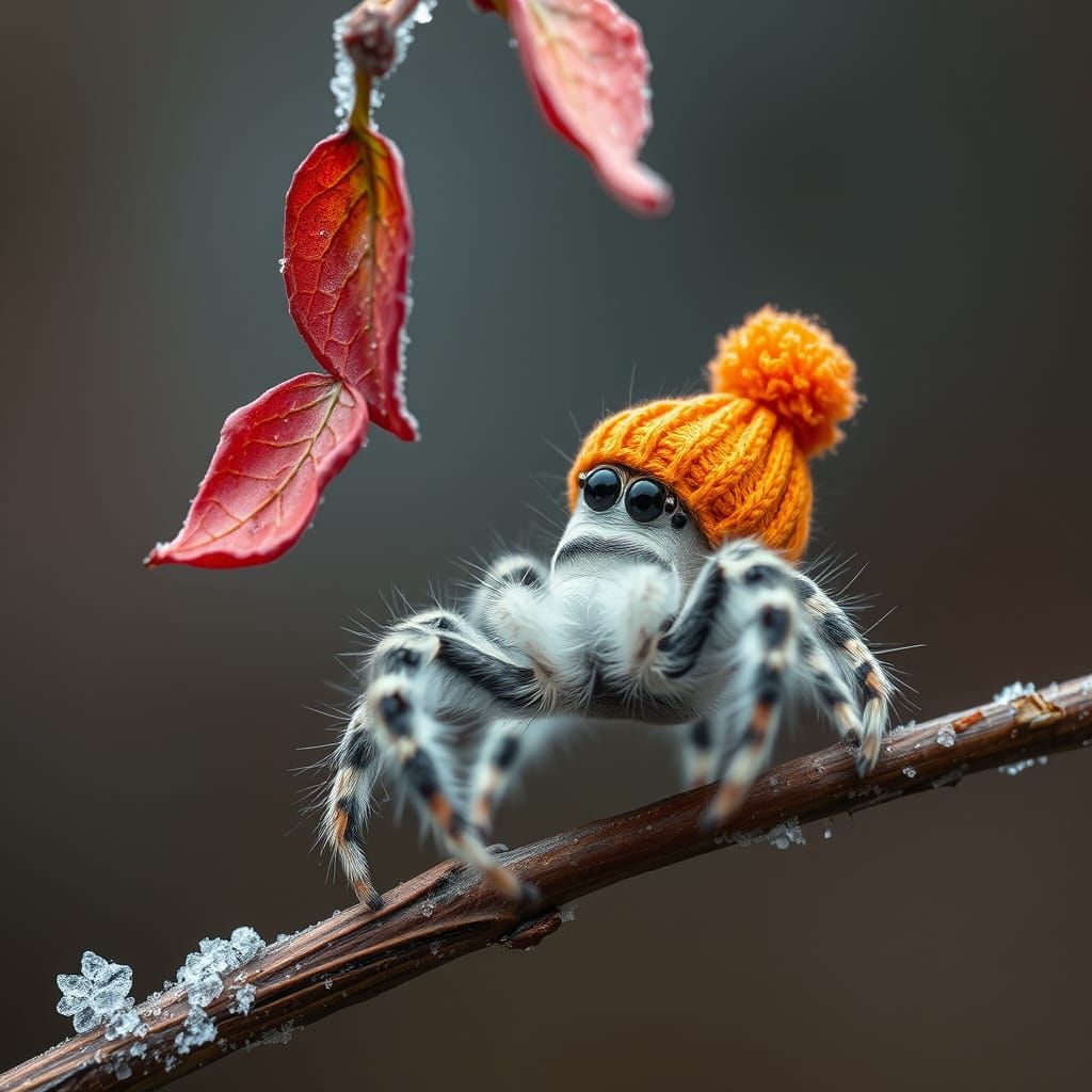 Fluffy Spider in Knit Hat Gazes at Autumn Leaf
