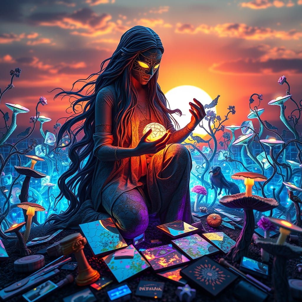 Surreal Fragmented Sculpture with Kneeling Woman and Glowing...