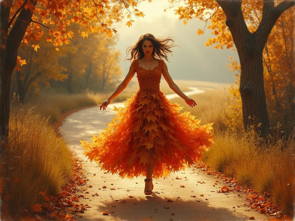 Autumn Woman in Leaf Dress as Dreamy Art