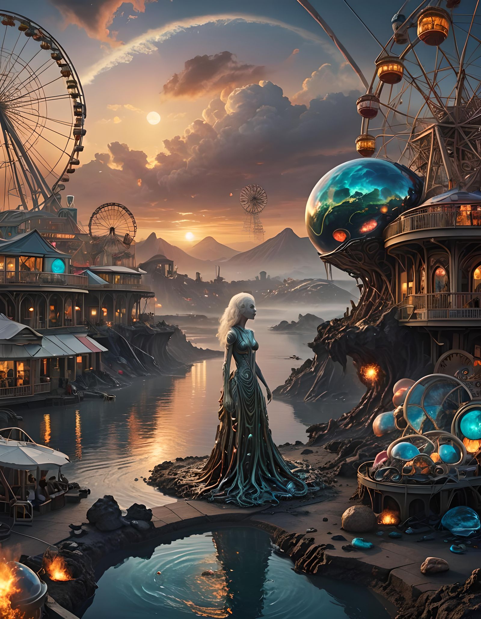 Alien Planet Cross Section with Ferris Wheel Volcanoes