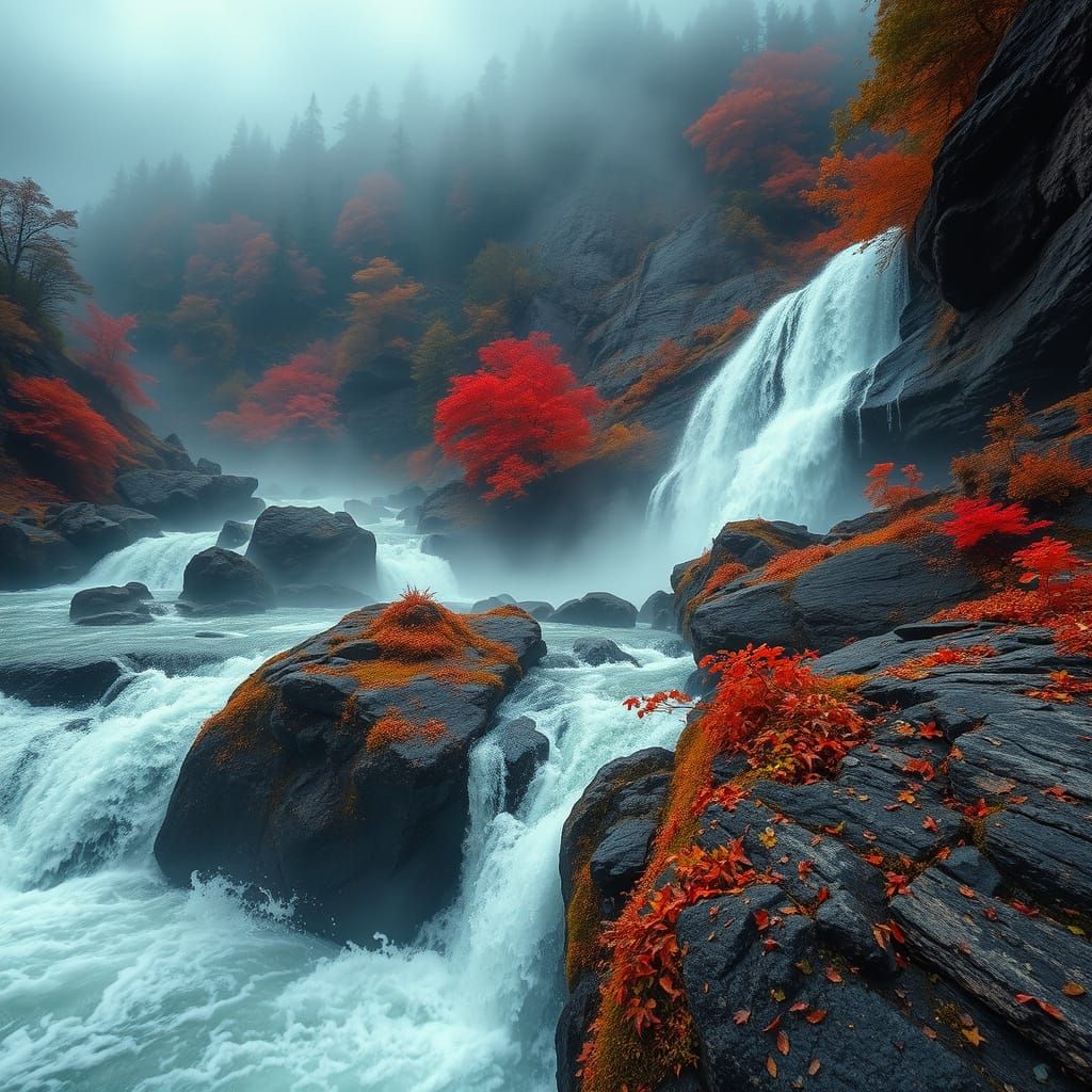 Autumn Waterfall in Fiery Colors as Cinematic Film Still