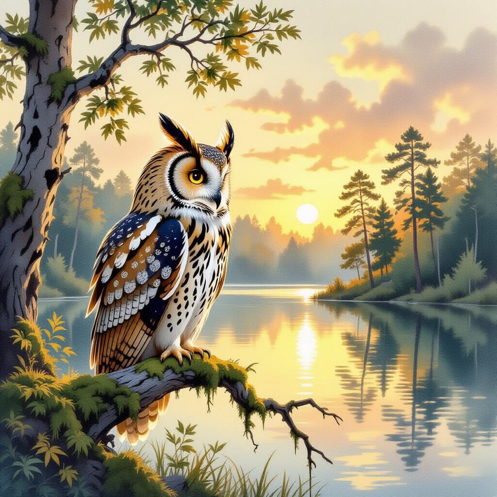 Wise Owl Overlooking Serene Lake in Golden Hour