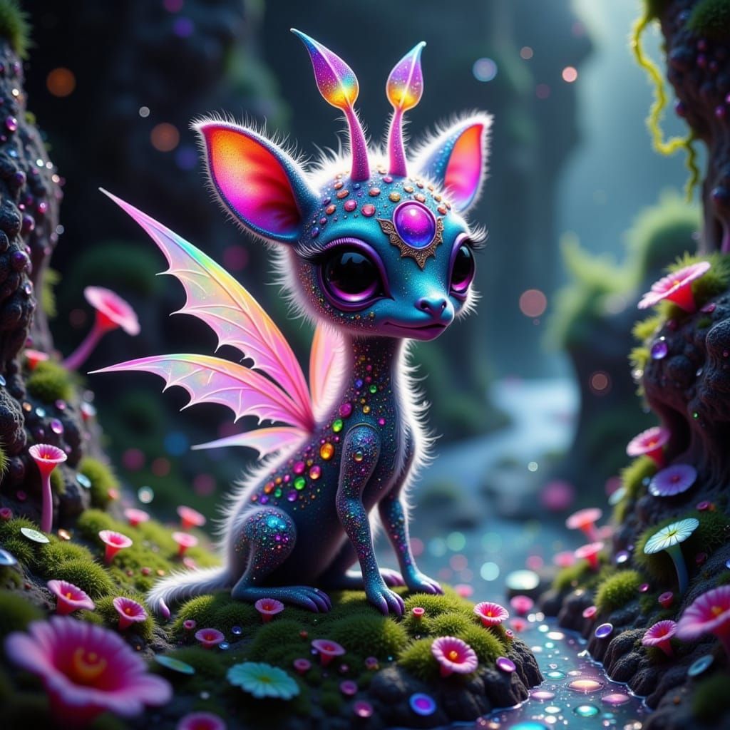 Vibrant Alien Giraffe Creature in Whimsical Dark Fantasy Sce...