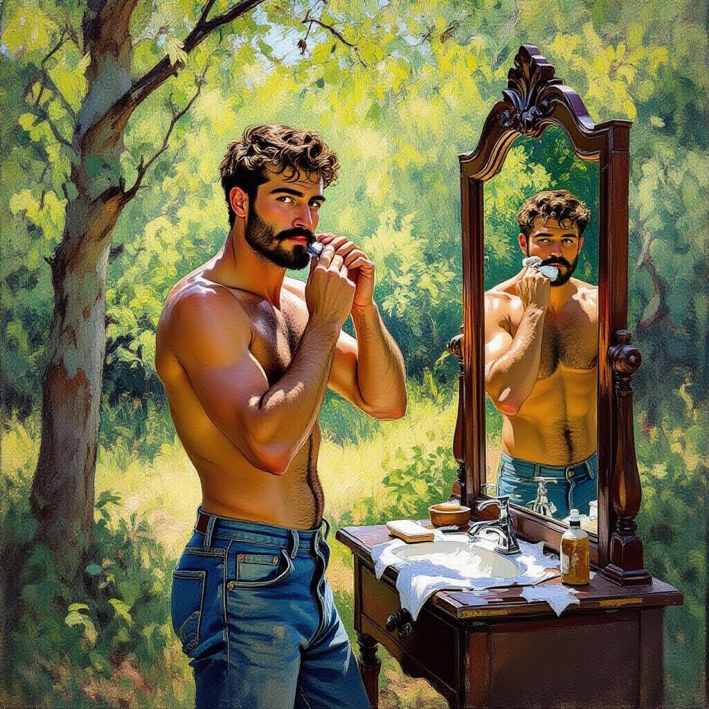 Man Shaving in Forest, Impressionist Style