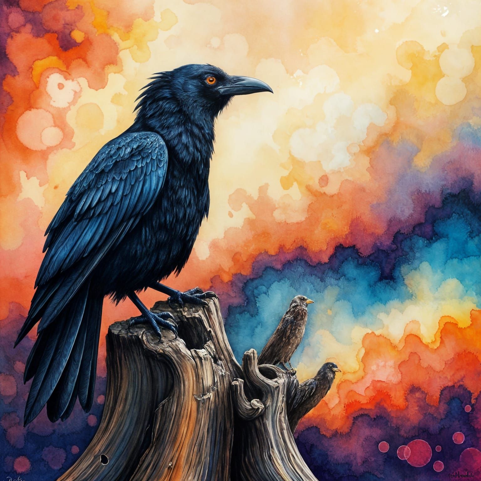 Mystical Crow Reigns Over Vibrant Ink Realm