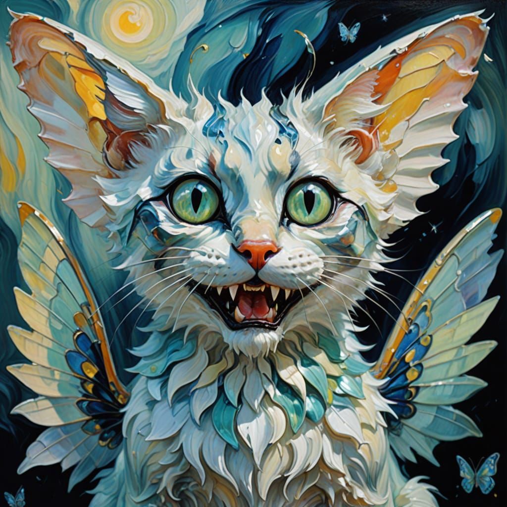 Surreal Cat Fairy with Iridescent Wings