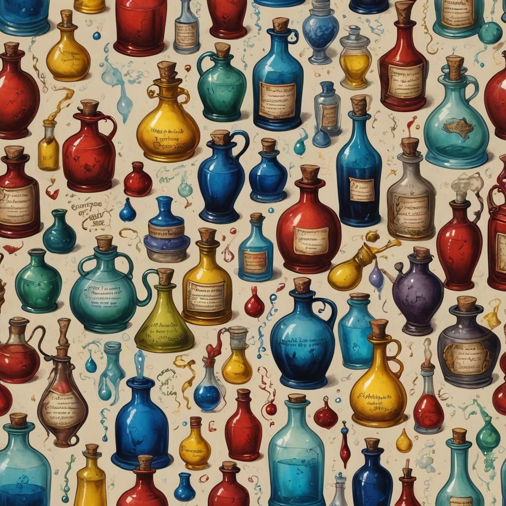 Whimsical Potions in Red, Yellow, and Blue