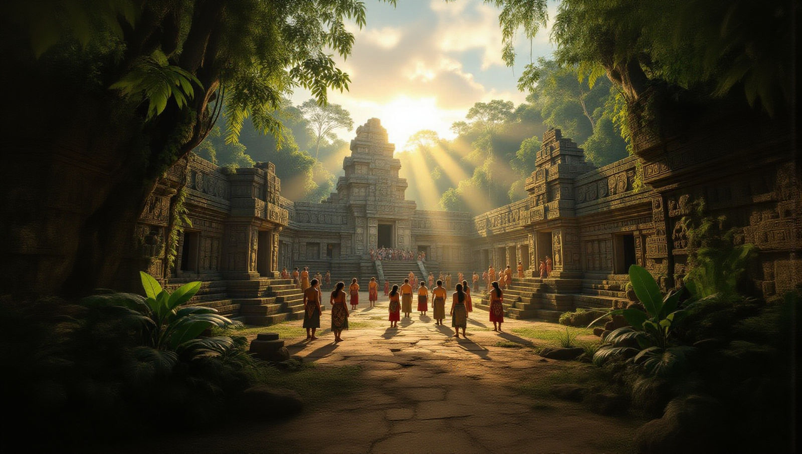 Mayan Temple Complex Bustling with Life in Jungle Opening