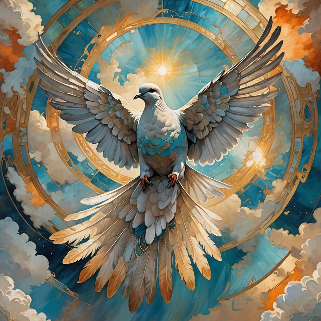 Ethereal Dove Soaring in Divine Light, Art Nouveau Style
