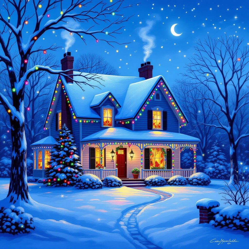 Christmas Light Display on Cozy Winter Home