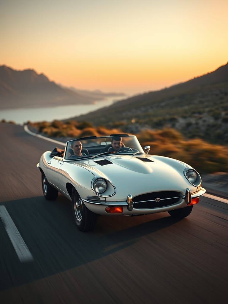 Cinematic White E-Type Convertible on Scenic Cape Town Road