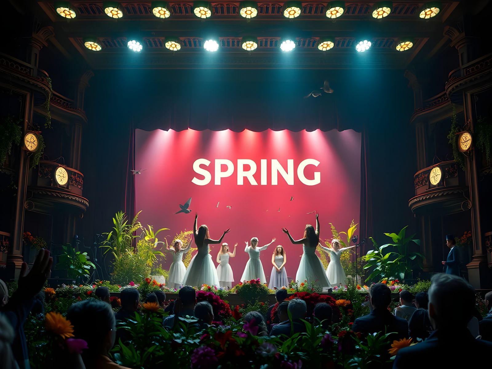 A Darkened Theater Stage with Spring Play