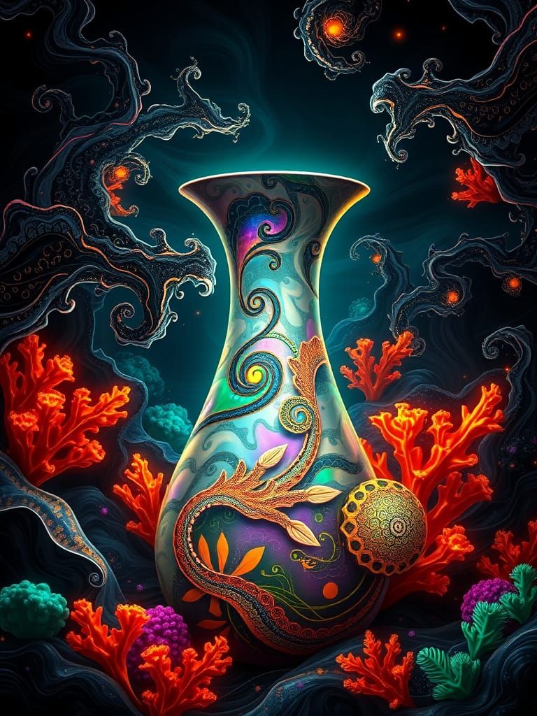 Iridescent Serpentine Vase in Bioluminescent Kelp Forest