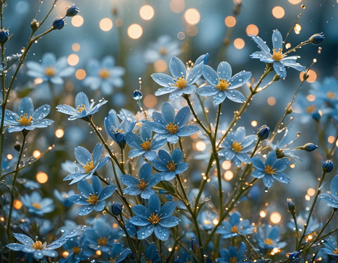 Light Blue Flowers with Dew and Golden Sparks