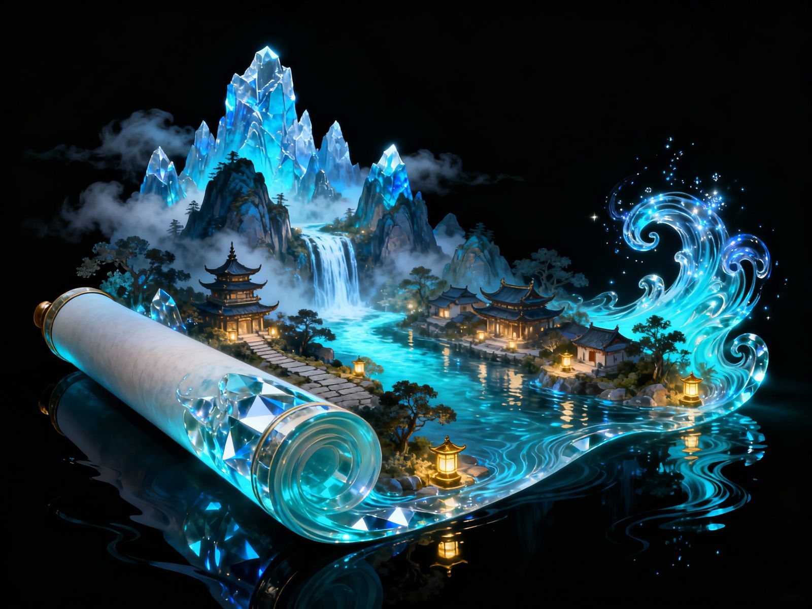 Surreal Crystal Scroll Reveals Glowing Asian Village Landsca...