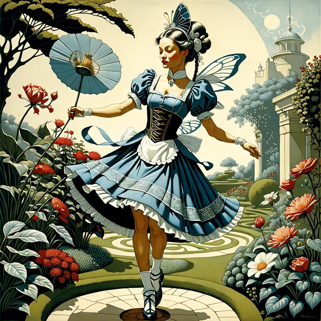 Cyborg Maid Dancing: Linocut Print Fantasy