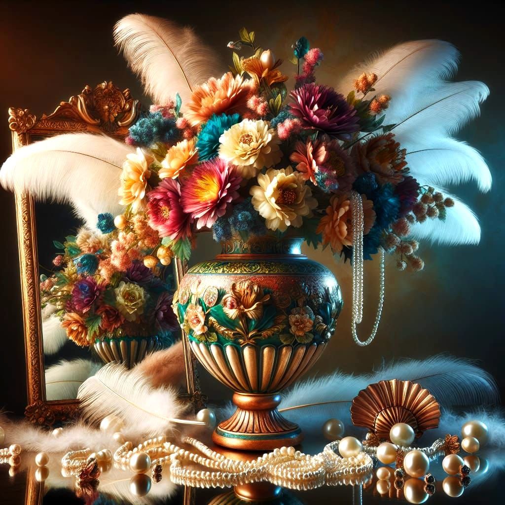 Vintage Fantasy Still Life with Flowers and Pearls