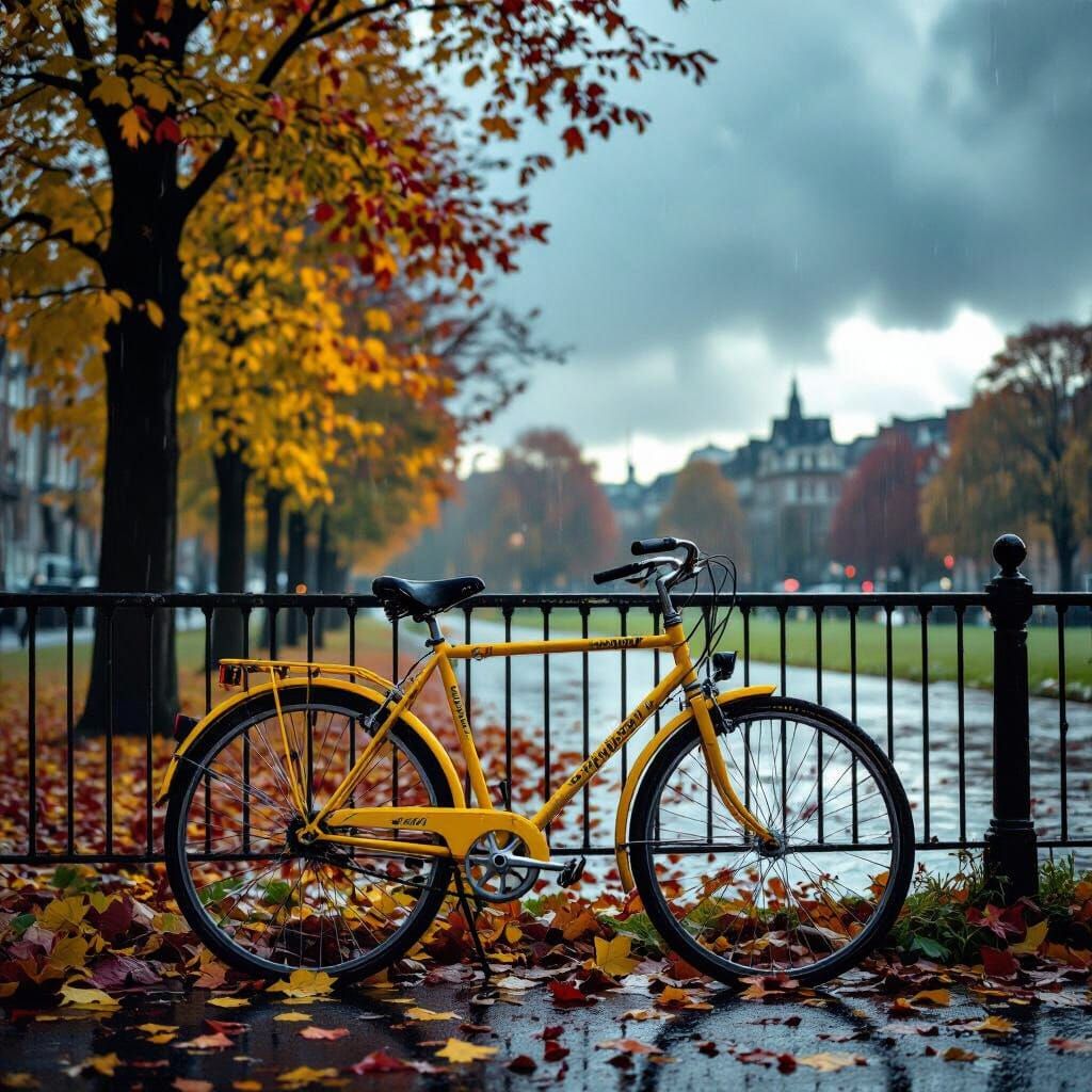 Yellow Bicycle in Rainy Autumn Park: 35mm Film