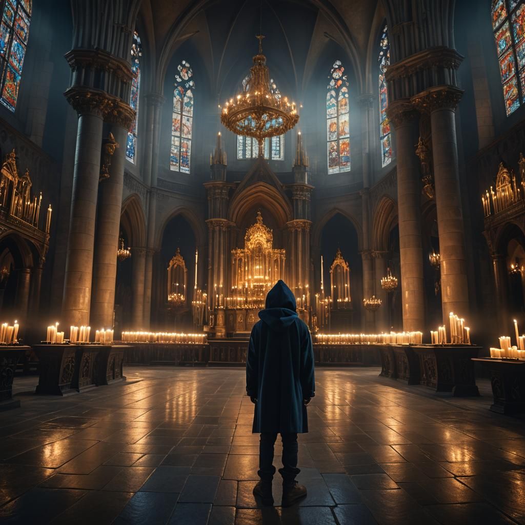Hooded Boy in Candlelit Church: Dark Fantasy Art
