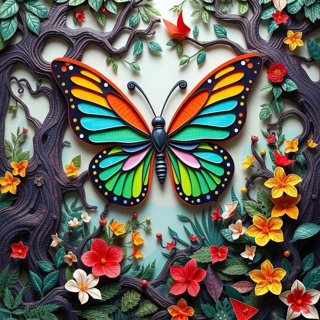 Colorful Butterfly Papercut Illustration in Tropical Forest