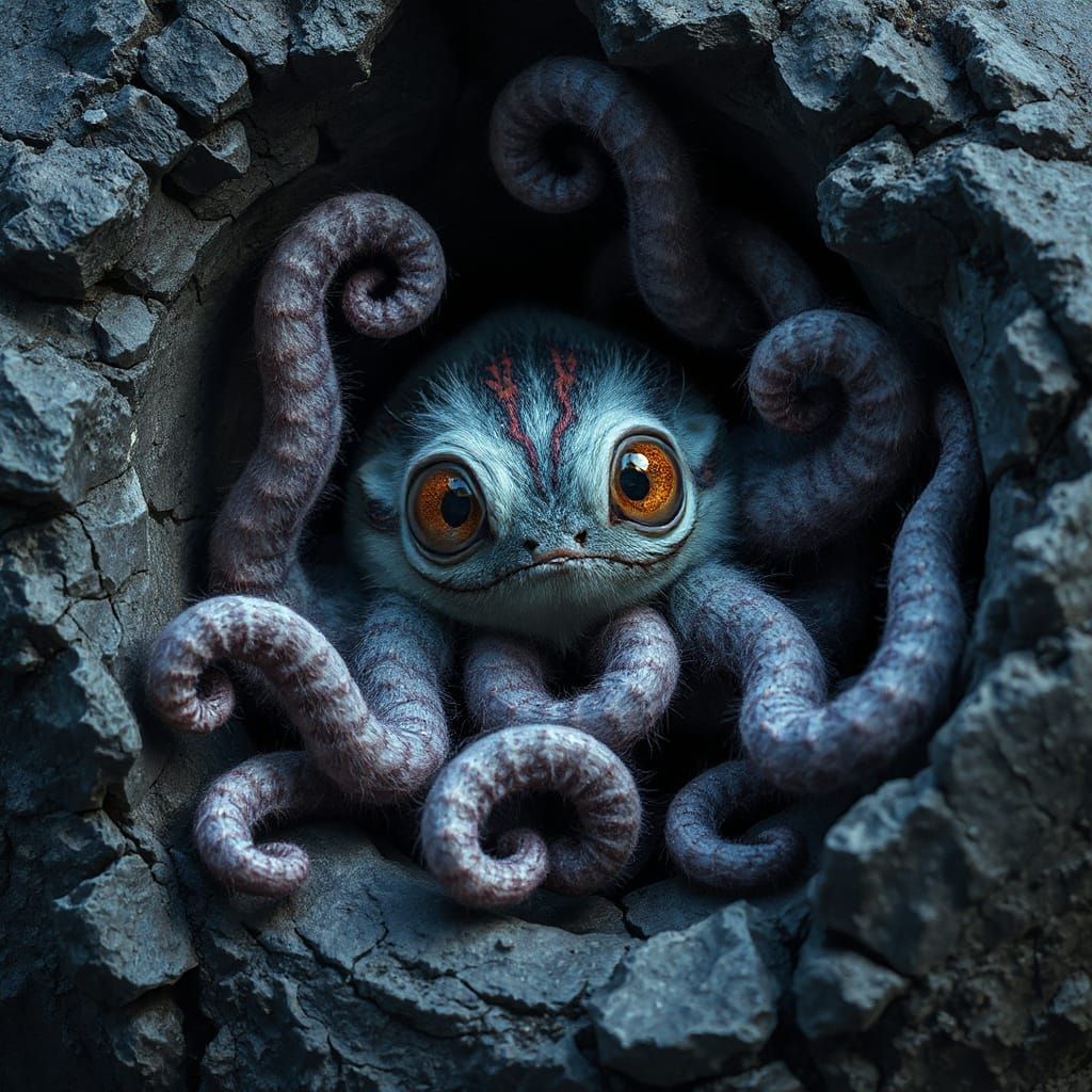 Tiny Neon Furry Creature with Tentacles in Rock Fissure