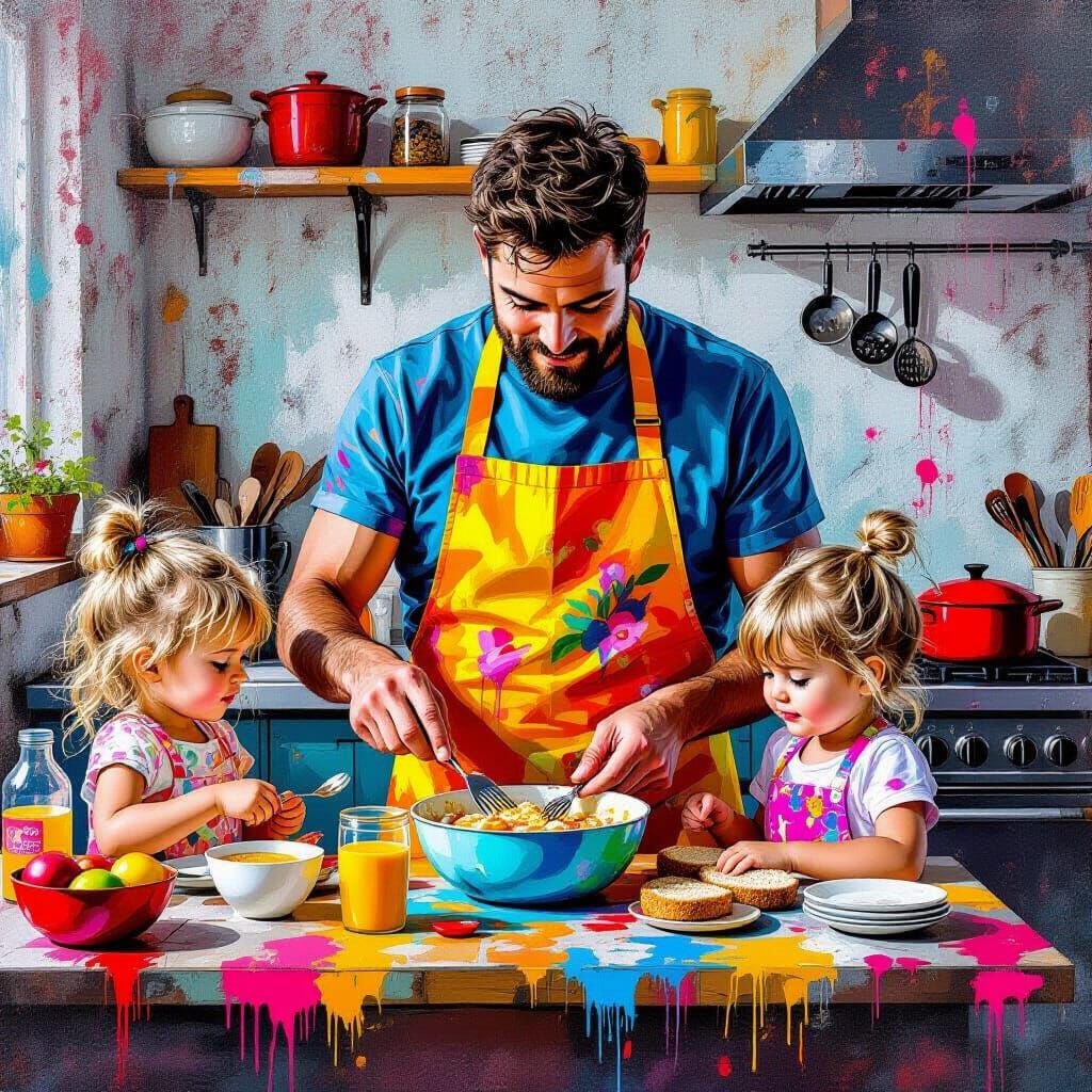 Dad Making Breakfast in Graffiti Art Style