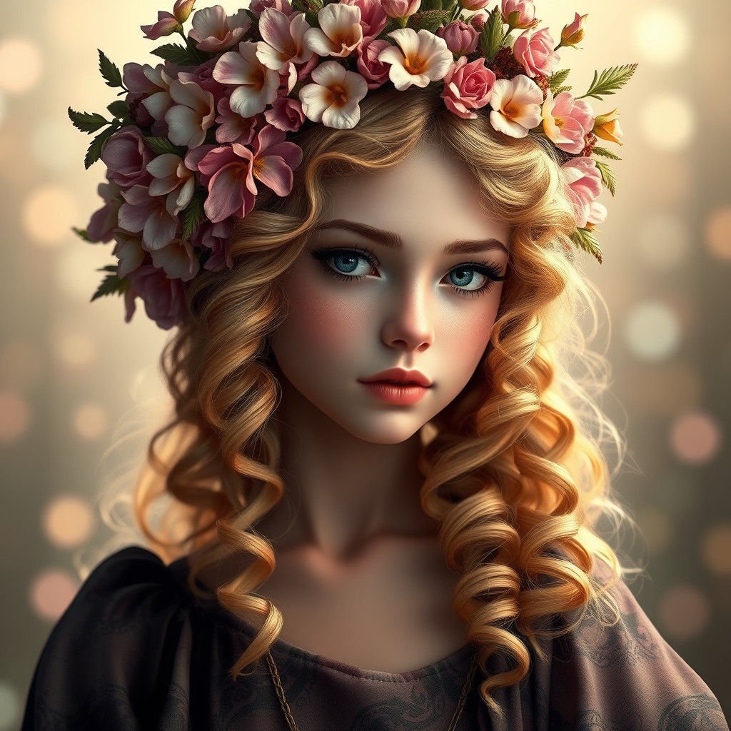 Ethereal Flower Girl Portrait in Art Nouveau Style