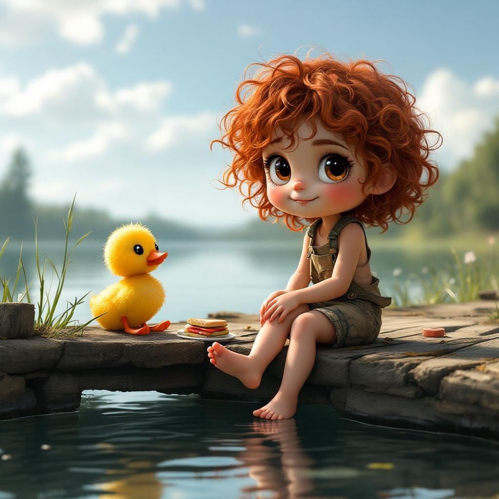Chibi Girl Shares Lunch with Duck, Cinematic HDR