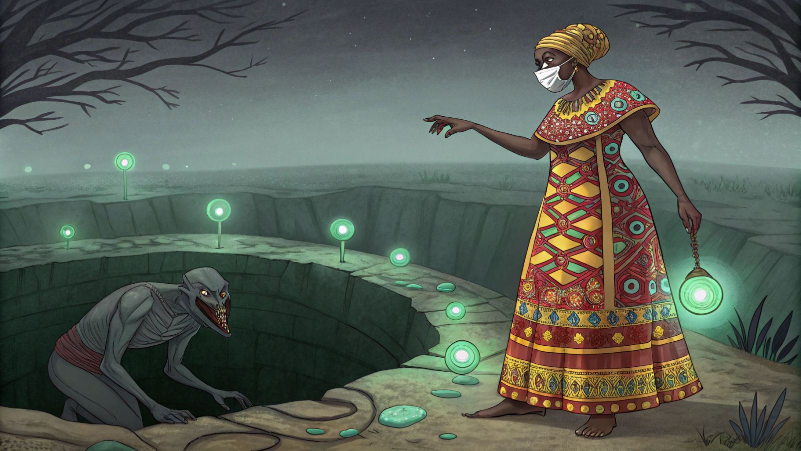 Ibis Mask Woman Banishes Demon into Abyss