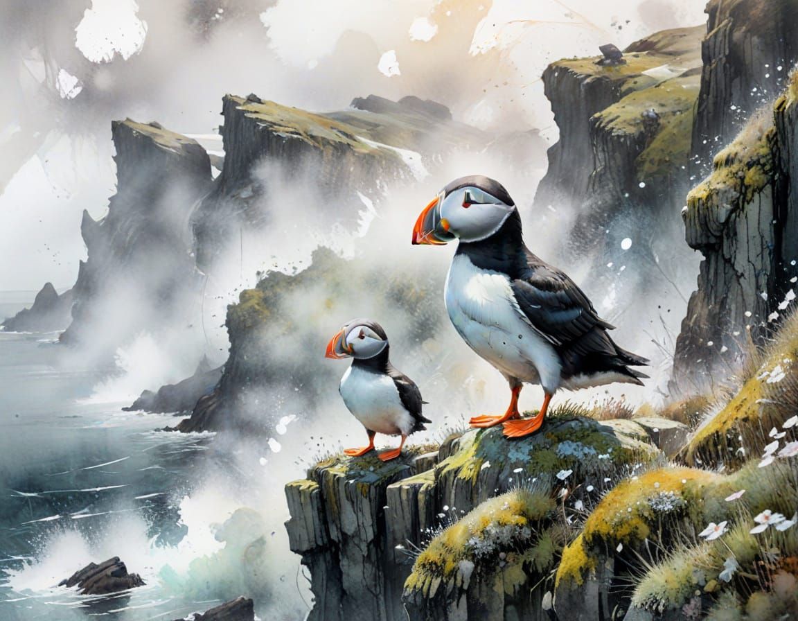 Puffin on Lichen Cliff in Pastel Watercolour