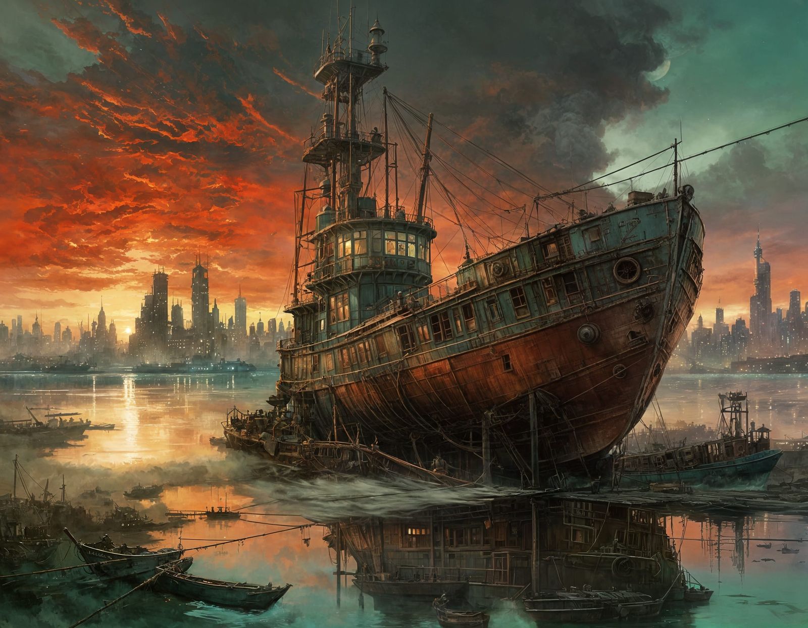 Steampunk Fishing Boat Under Twilight Nebula