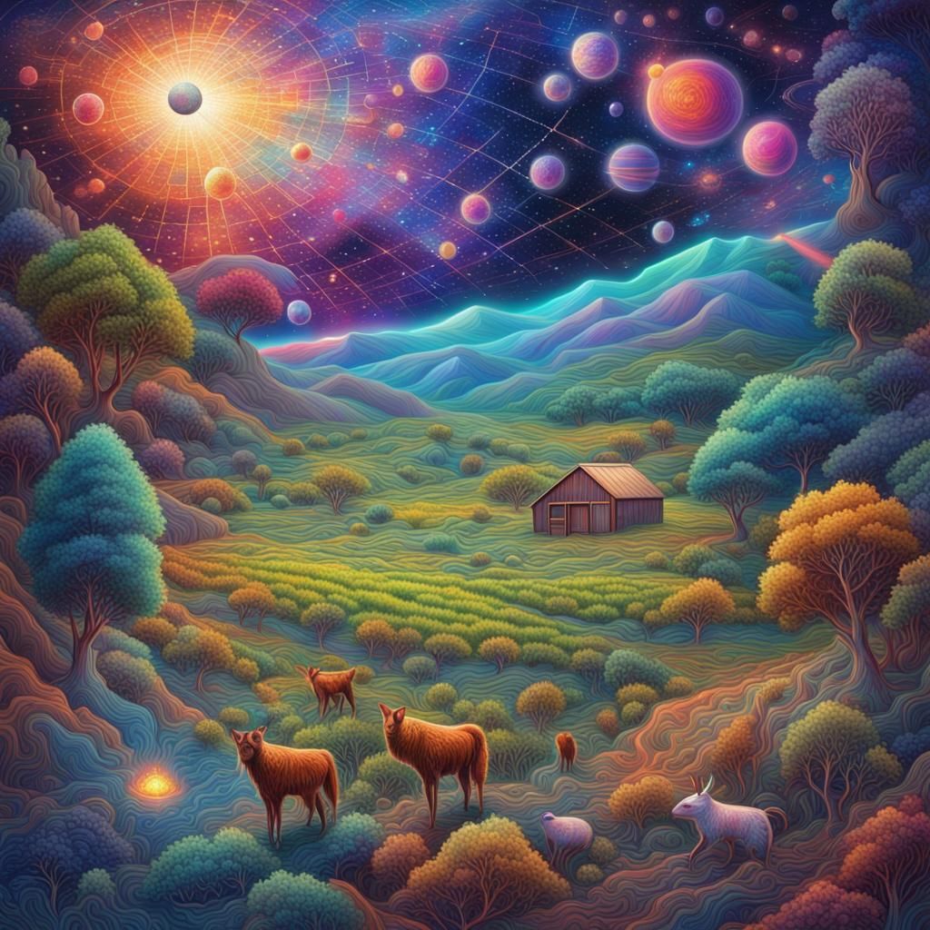 Farm Environment: Holographic Astral Cosmic Illustration