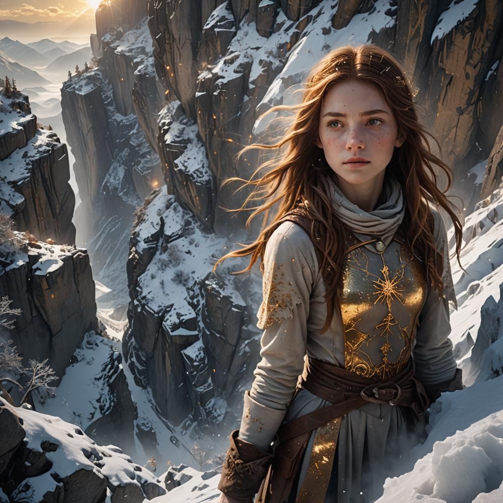 Girl Climbing Snowy Cliff in Fantasy Matte Painting