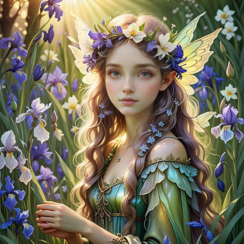 Enchanted Fairy Amidst Vibrant Iris Blossoms