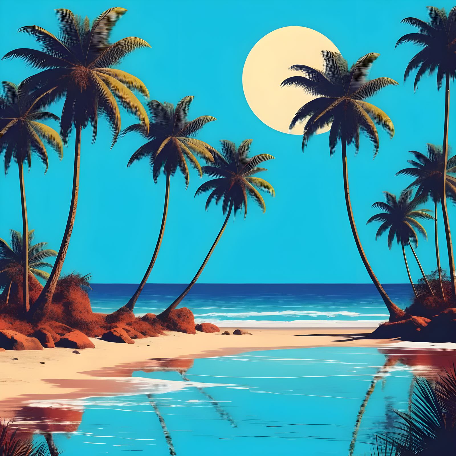 Vibrant Pop Art Seashore Scene with Palm Trees