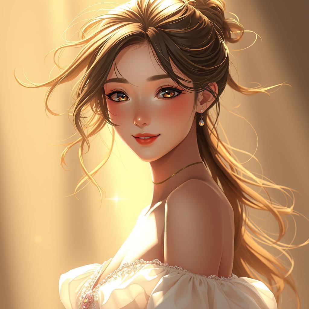 Stunning Young Woman with Flowing Hair in 3D Anime Style