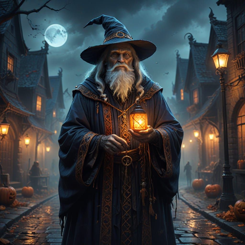 Wise Wizard in Halloween Costume with Glowing Staff