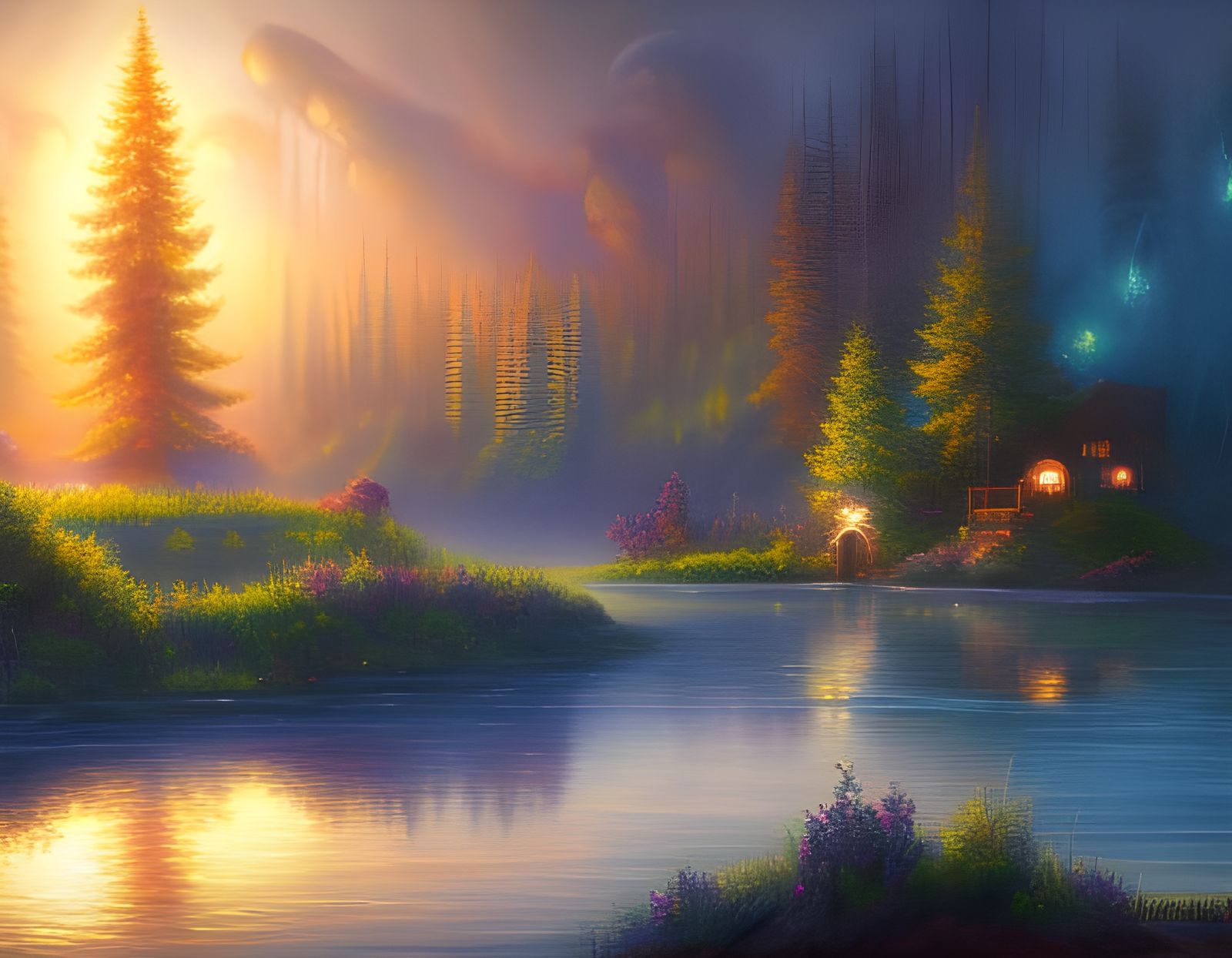 Atmospheric Dreamscape Lake Painting in CGI Style