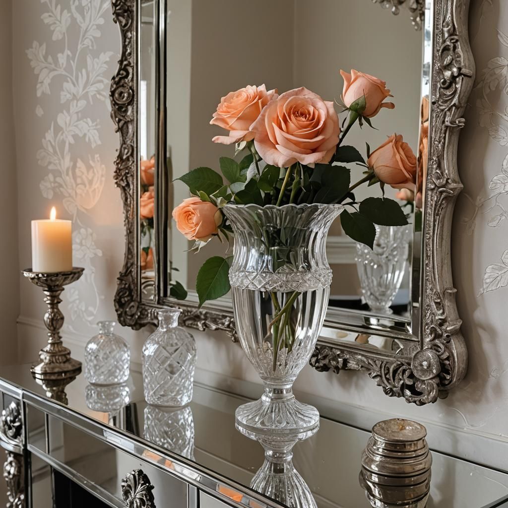 Peach Rose in Crystal Vase on Mantlepiece