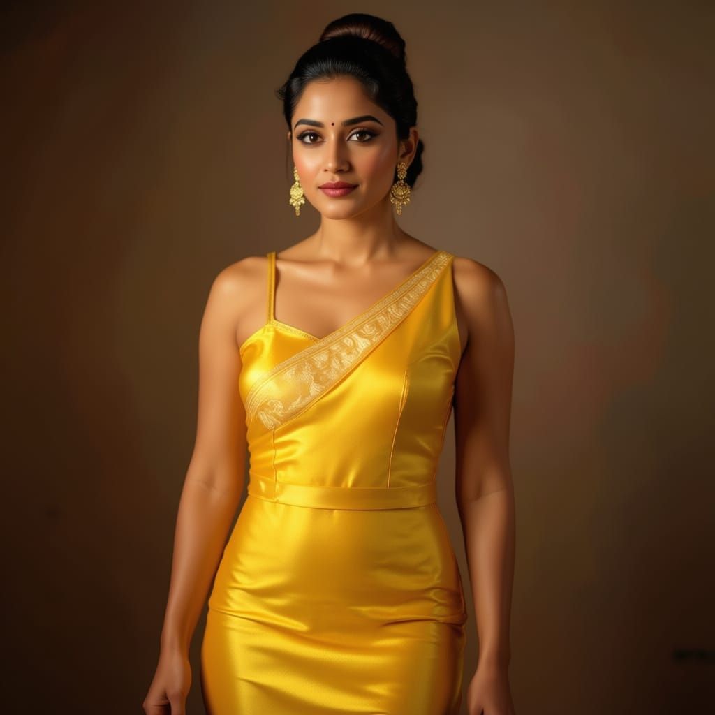 Elegant Indian Woman in Silky Yellow Skirt