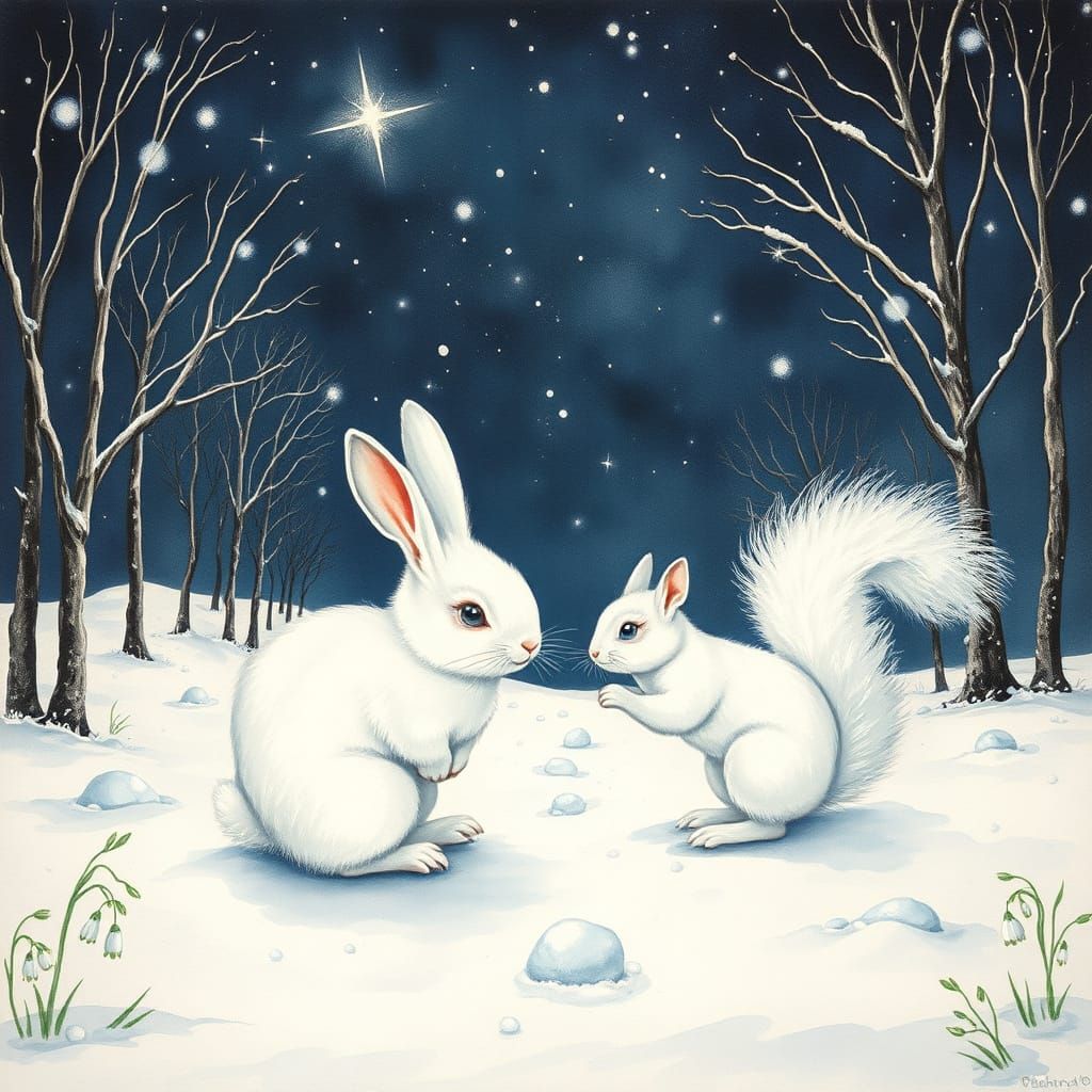 Whimsical Winter Night Scene in Impressionist Style