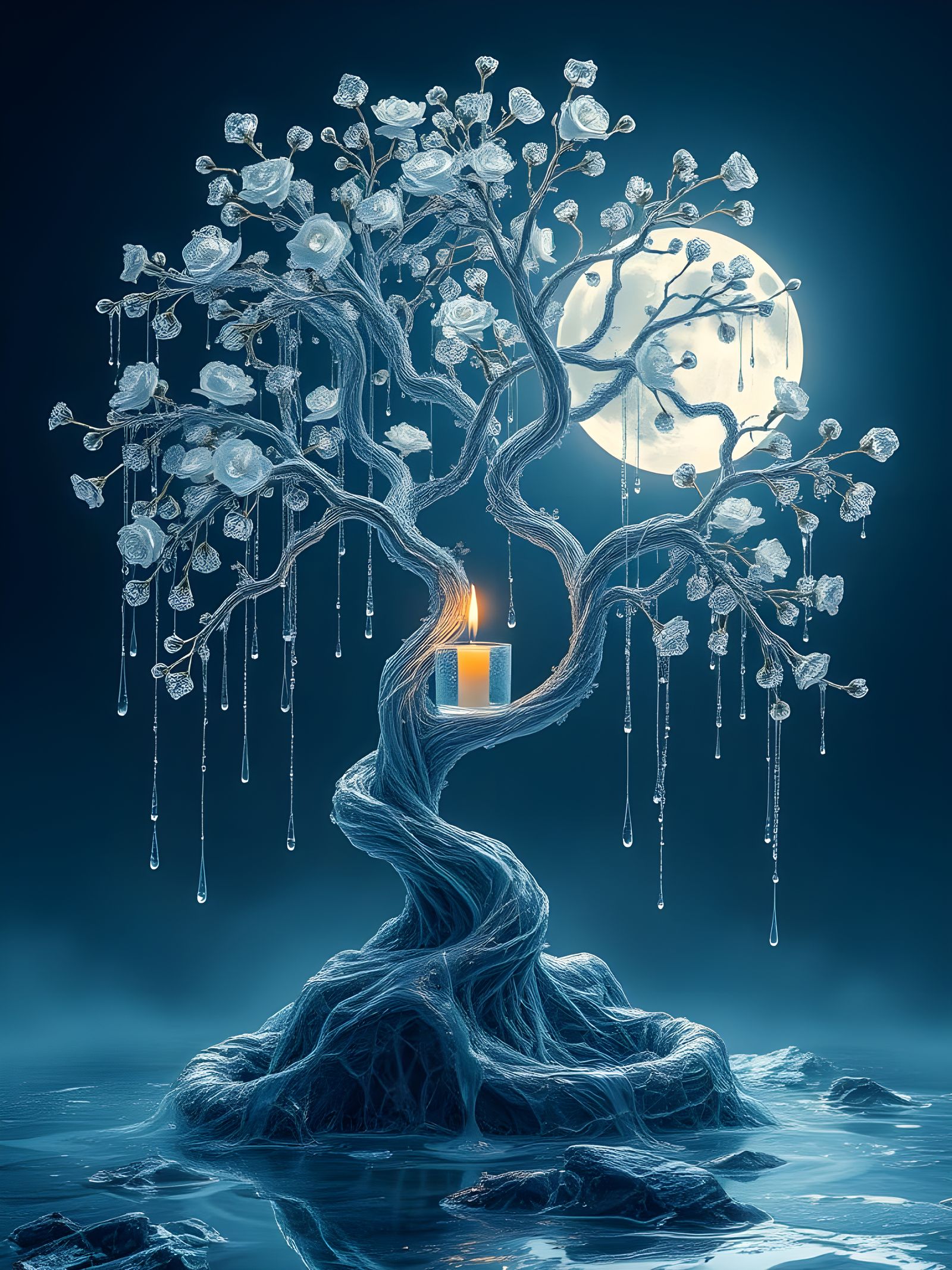 Moonlit Water Tree Blossoms in Crystal Harmony