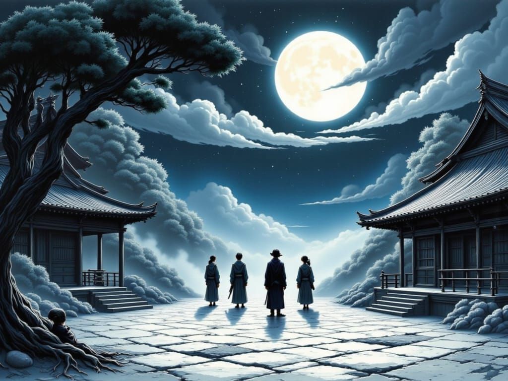 Secret Shinto Temple Meeting in Moonlight Ink Brush Style