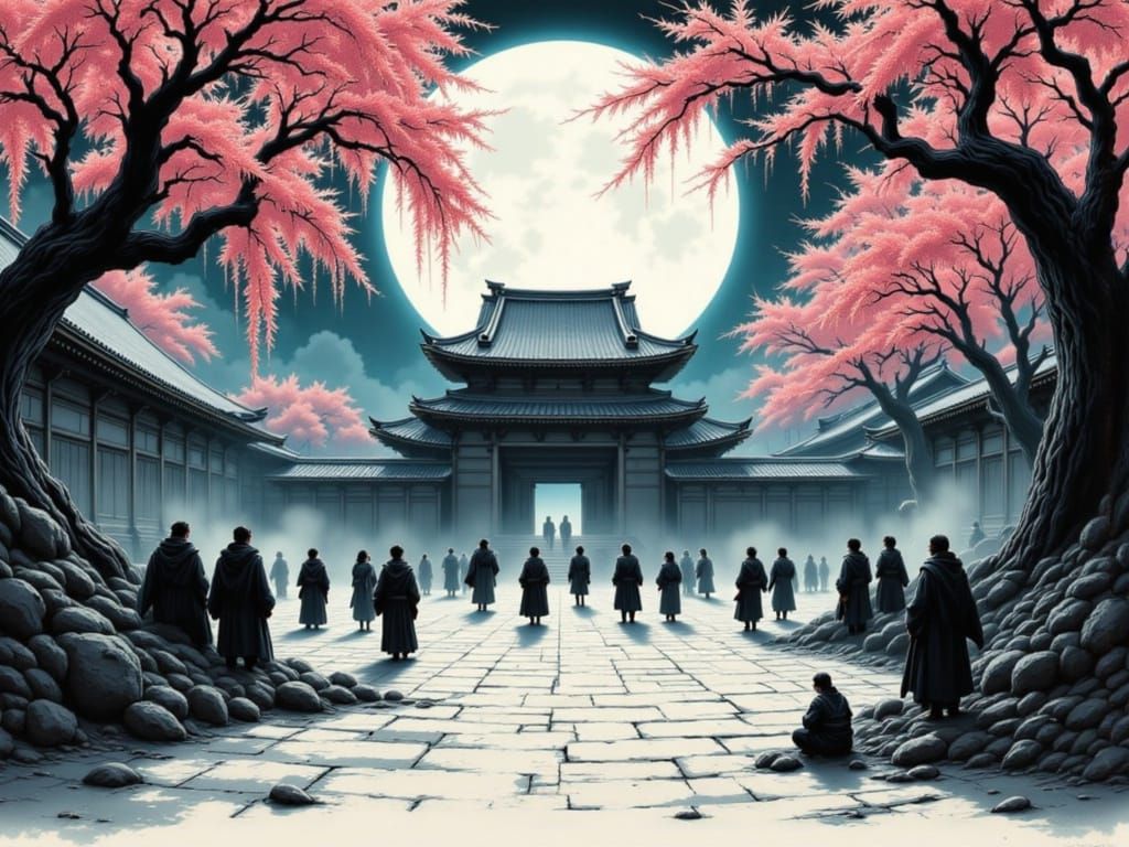 Moonlit Temple Meeting in Japanese Ink Brush Style