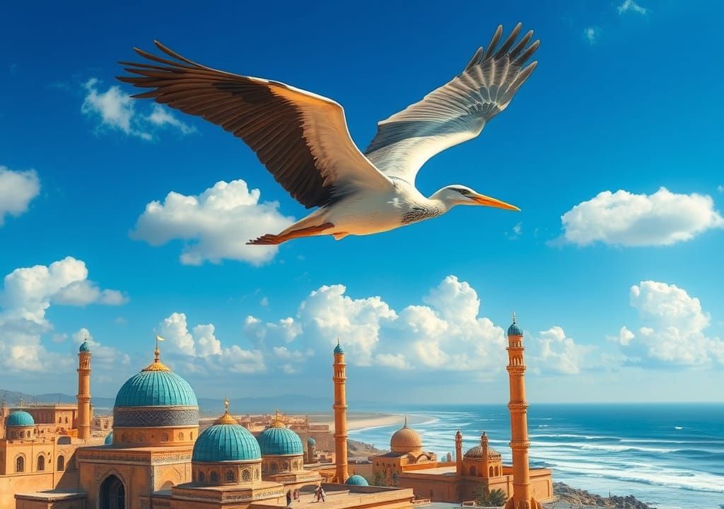 Arabian Cityscape with Heron in Orientalist Style