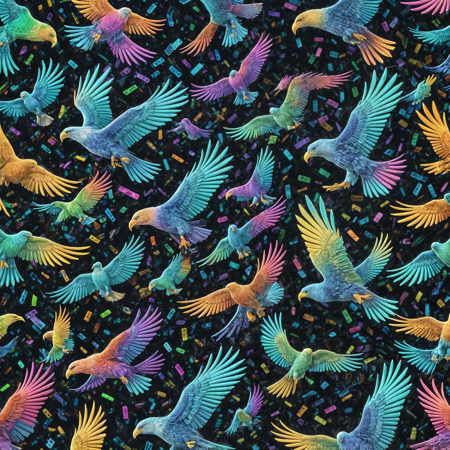 Bioluminescent Eagles Fragmenting in Digital Confetti