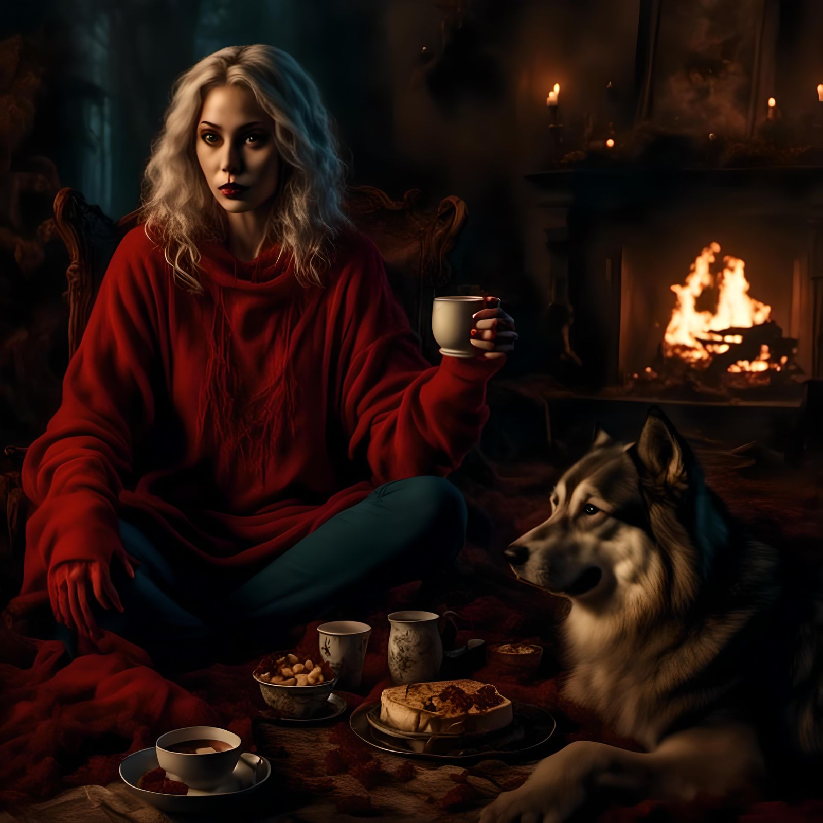 Winter Night: Woman and Dog by Firelight