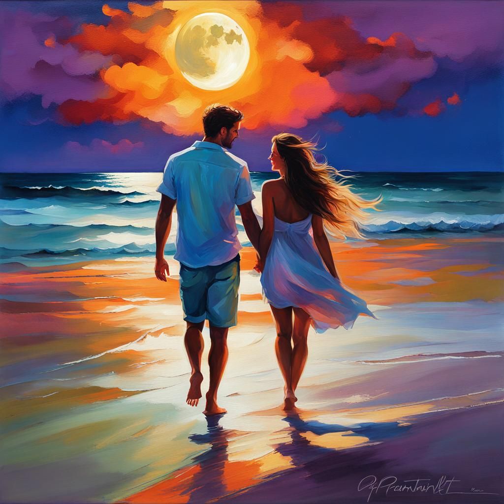 Romantic Couple Walking on Moonlit Beach: Painterly Style